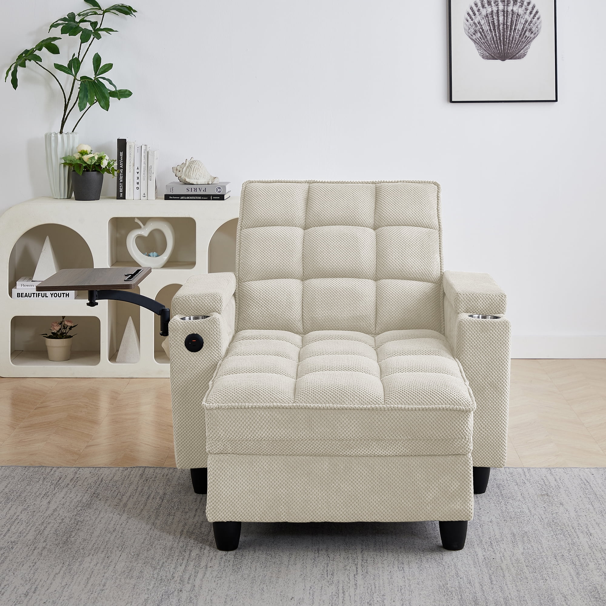 Gewnee 3-in-1 Convertible Sleeper Chair, Pull Out Single Sofa Bed with Adjustable Backrest, 360° Swivel Side Table, USB Charging Ports & Cup Holders, Ideal for Dorms & Offices, Beige