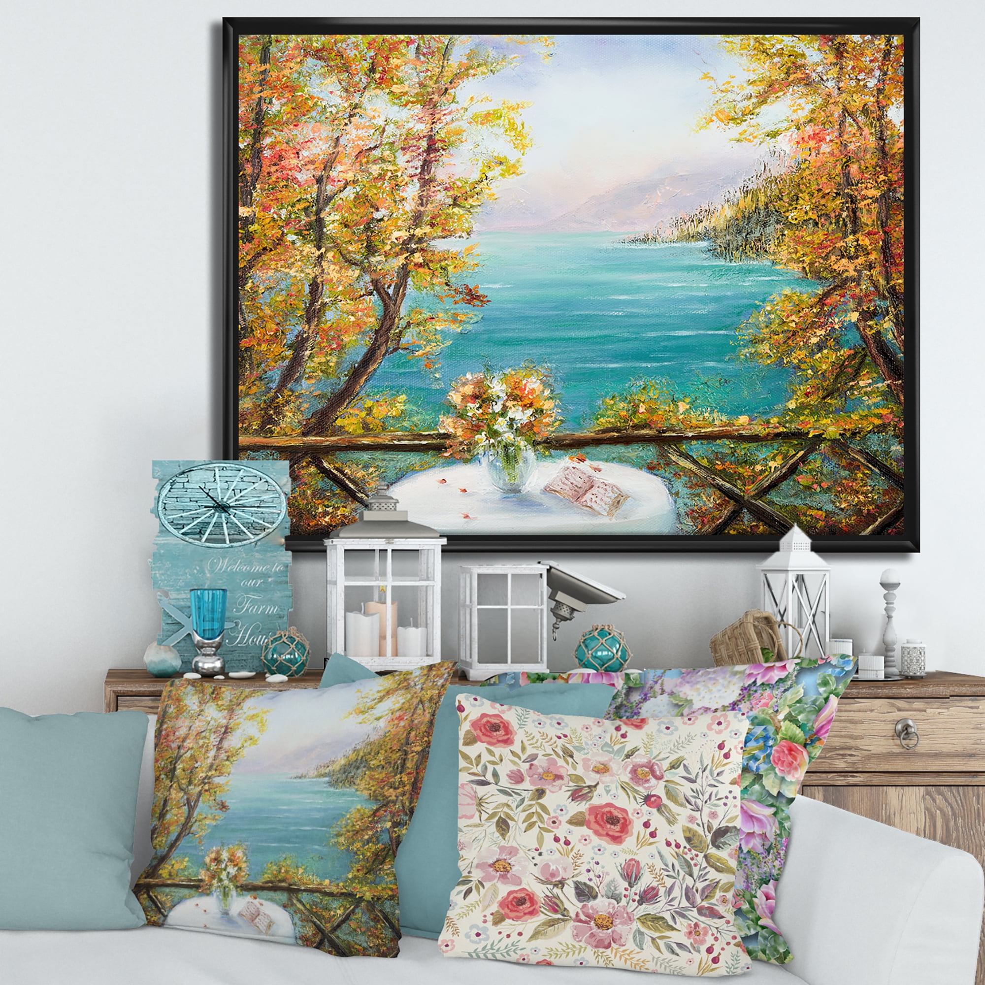 Designart 'The Blue Ocean View From Terrace' Nautical & Coastal Framed Canvas Wall Art Print