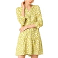 thumbnail image 2 of Allegra K Women's Floral V Neck Cinched Waist Long Sleeves Casual Dress, 2 of 6