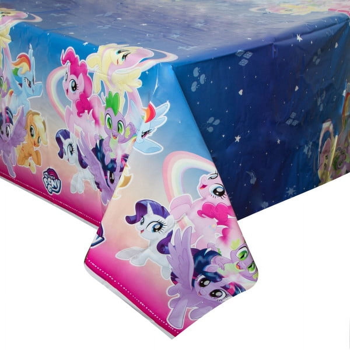 My Little Pony Birthday Supplies Bundle includes 16 Dessert Cake Paper Plates 7", 16 Paper Napkins, 1 Plastic Table Cover 54" x 84", 1 Happy Birthday Banner, 1 Dinosaur Sticker Sheet