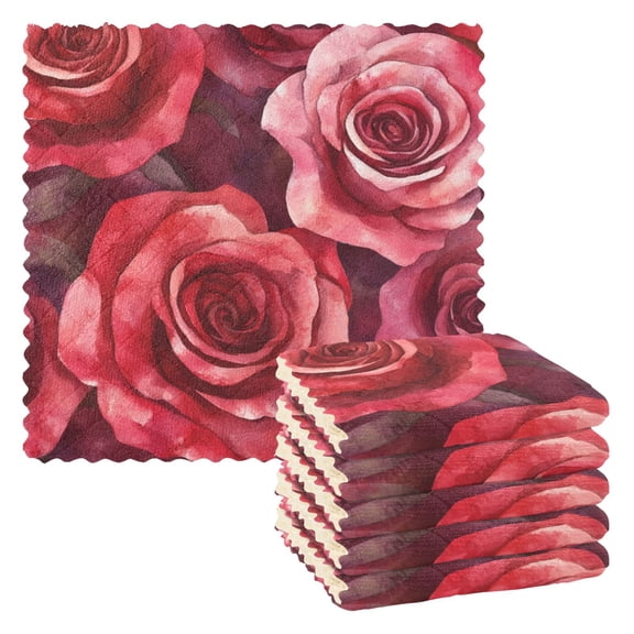 6 Pieces of Kitchen Towels 11x11Inch Kitchen Dish Cloths Kitchen Dish Towels Reuseable Cleaning Cloths Red Roses Seamless