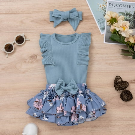

QISIWOLE Toddler Baby Girls Summer Pit-striped Lace Fly-sleeve Romper Floral Culottes Headband Three-piece Set Deals