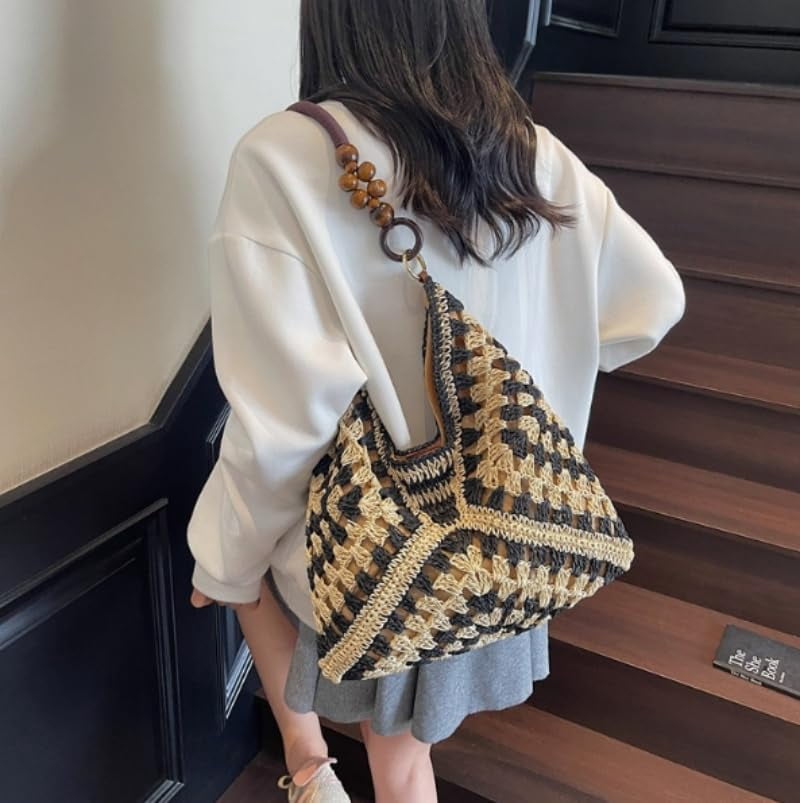 Large Bohemian Handmade Crochet Shoulder Bag – Women’s Summer Straw Woven Tote for Beach, Travel, Casual