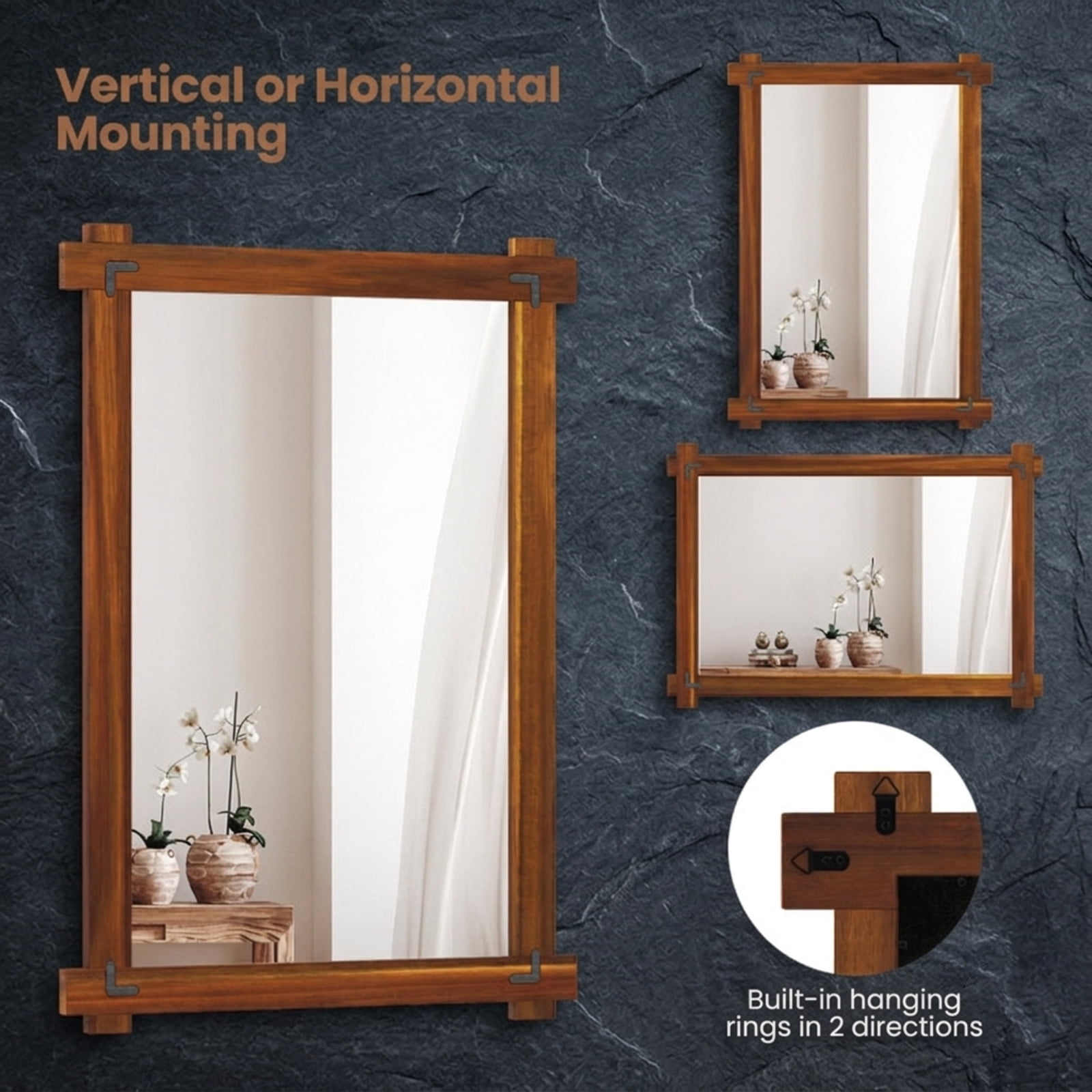 Vebreda 40" x 28.5" Wood Framed Wall Mirror with Acacia Wood Frame, Shatterproof HD Glass and Vintage Rivet Design, Brown