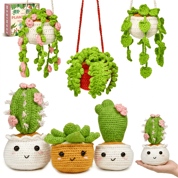Crochet Kit for Beginners, 6 Pack Hanging Potted Plants Crochet Starter Kit, Complete Knitting Crocheting Crafts Kit with Step-by-Step Video Tutorials, Full Tools for DIY Handmade Gifts