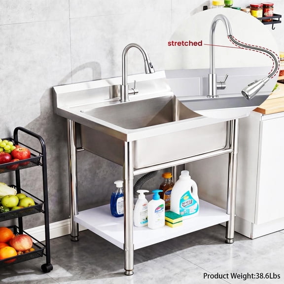 Stainless Steel Utility Large Single Sink, Freestanding Commercial Kitchen Sink with Pull Out Faucet, Laundry Sink, Expandable Hose for Basement Outdoor Indoor Use (Silver)