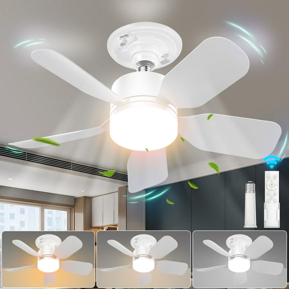 Pizens Ceiling Fan with LED Light, Low Profile Flush Mount Ceiling Fan Light, Remote Control, 3 Color Temperatures, Quiet Motor, White