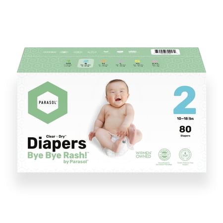 PARASOL Clear+Dry Disposable Diapers | RashShield Protection Leakproof Design Hypoallergenic | Size 2 (10-18 lbs) Box of 80 Count