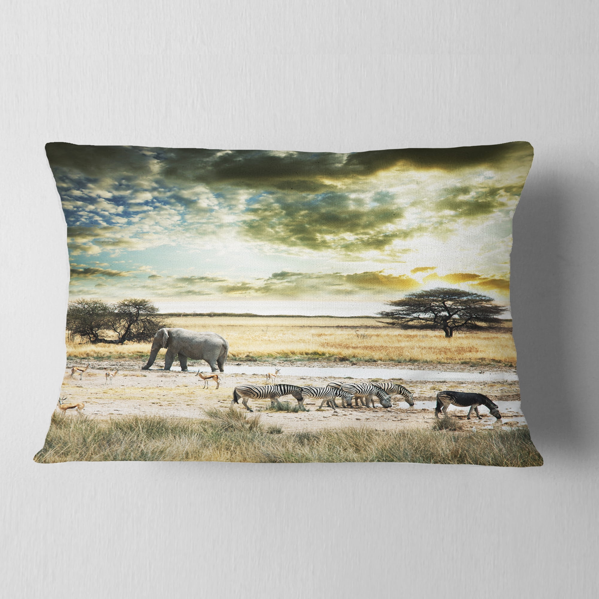 Designart Wild African Zebras and Elephant - African Throw Pillow - 12x20