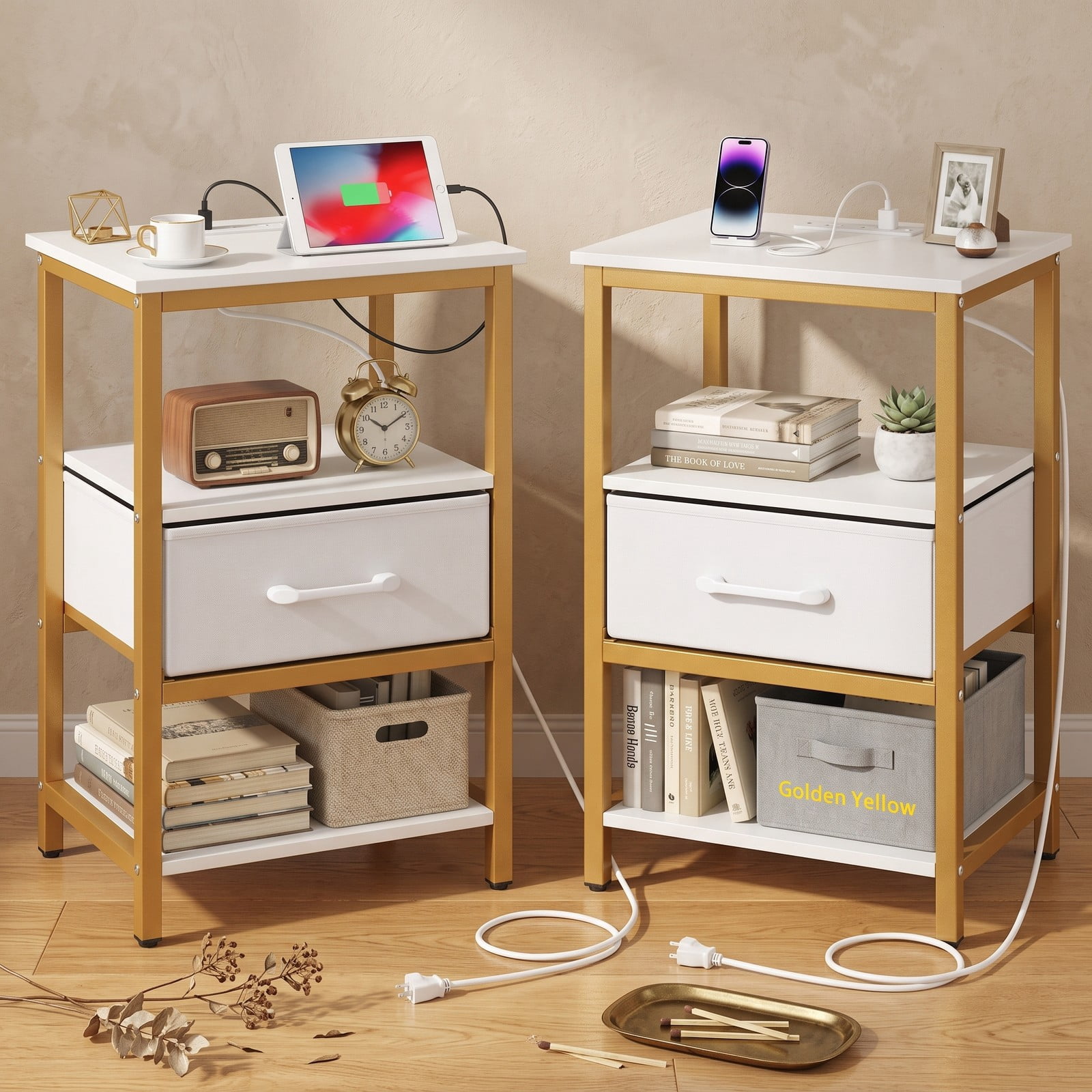 Furnibear Nightstand Set of 2 with Charging Station and Foldable Fabric Drawer and Open Shelves for Bedroom and Living Room, White and Gold