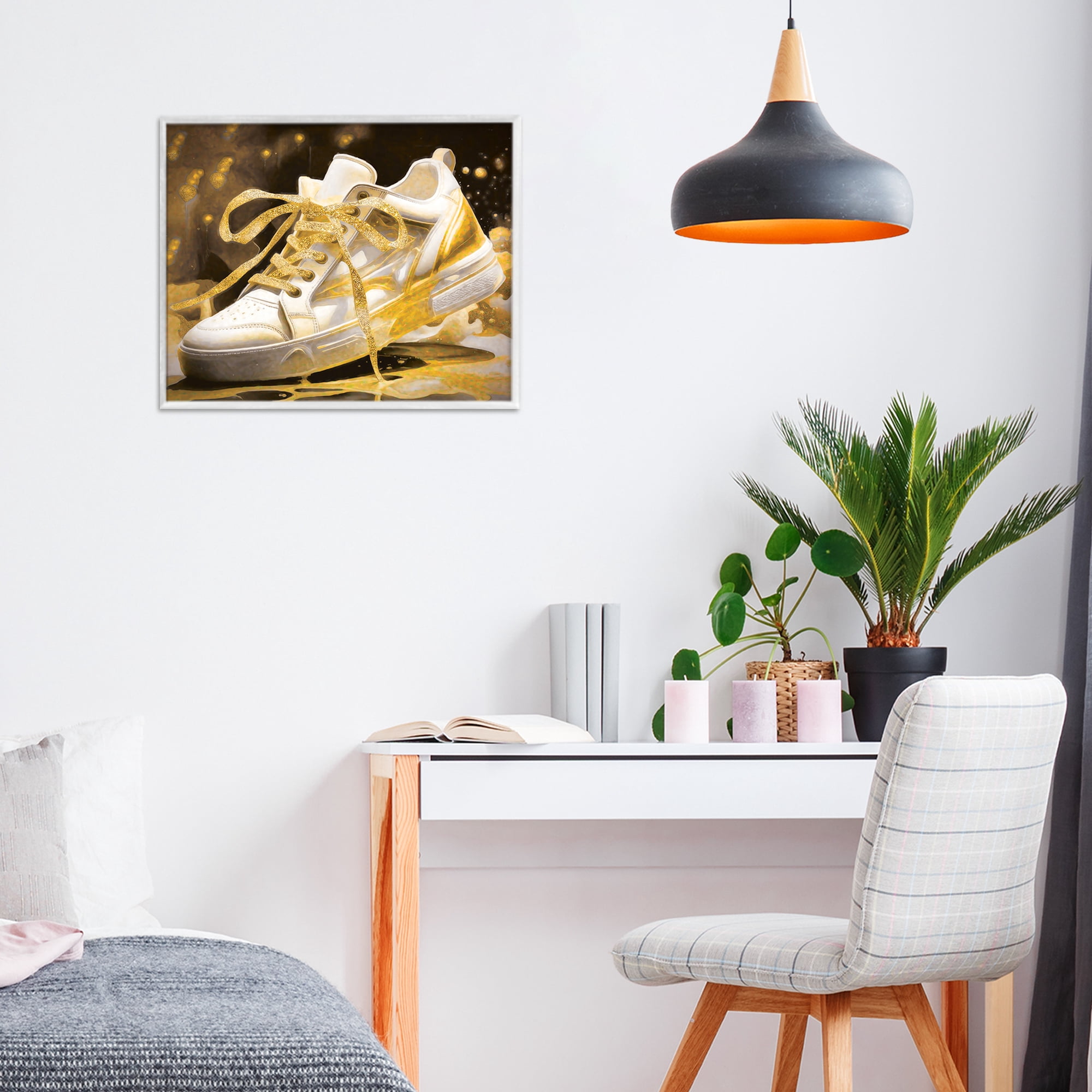 Stupell Industries Splashy Gold Sneaker White Framed Giclee Art, design by Grotto Studios