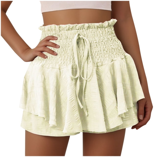 Plebaso Summer Shorts for Women Smocked High Waist Ruffle Shorts Drawstring Plain Womens Casual Shorts