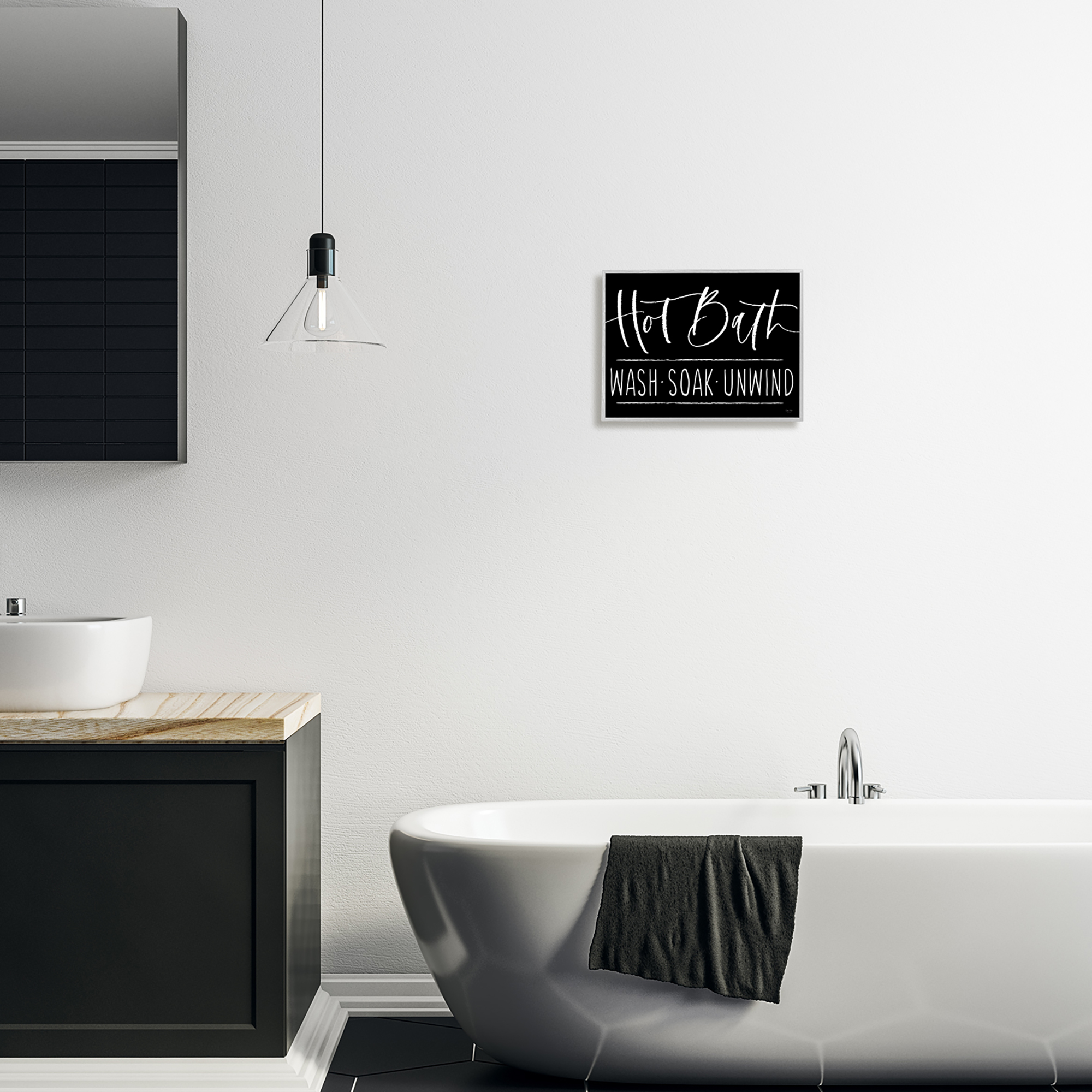 Stupell Industries Hot Bath Wash Soak Unwind Bathroom Typography Graphic Art Gray Framed Art Print Wall Art, Design by Lux + Me Designs