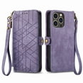 thumbnail image 3 of SaniMore for iPhone 15 Pro (6.1" 2023) Case, PU Leather Embossed Lines with Wrist Strap Zipper Cash Pocket Card Slots Magnetic Flip Stand Full Protective TPU Shell Anti-drop Business Design - Purple, 3 of 14