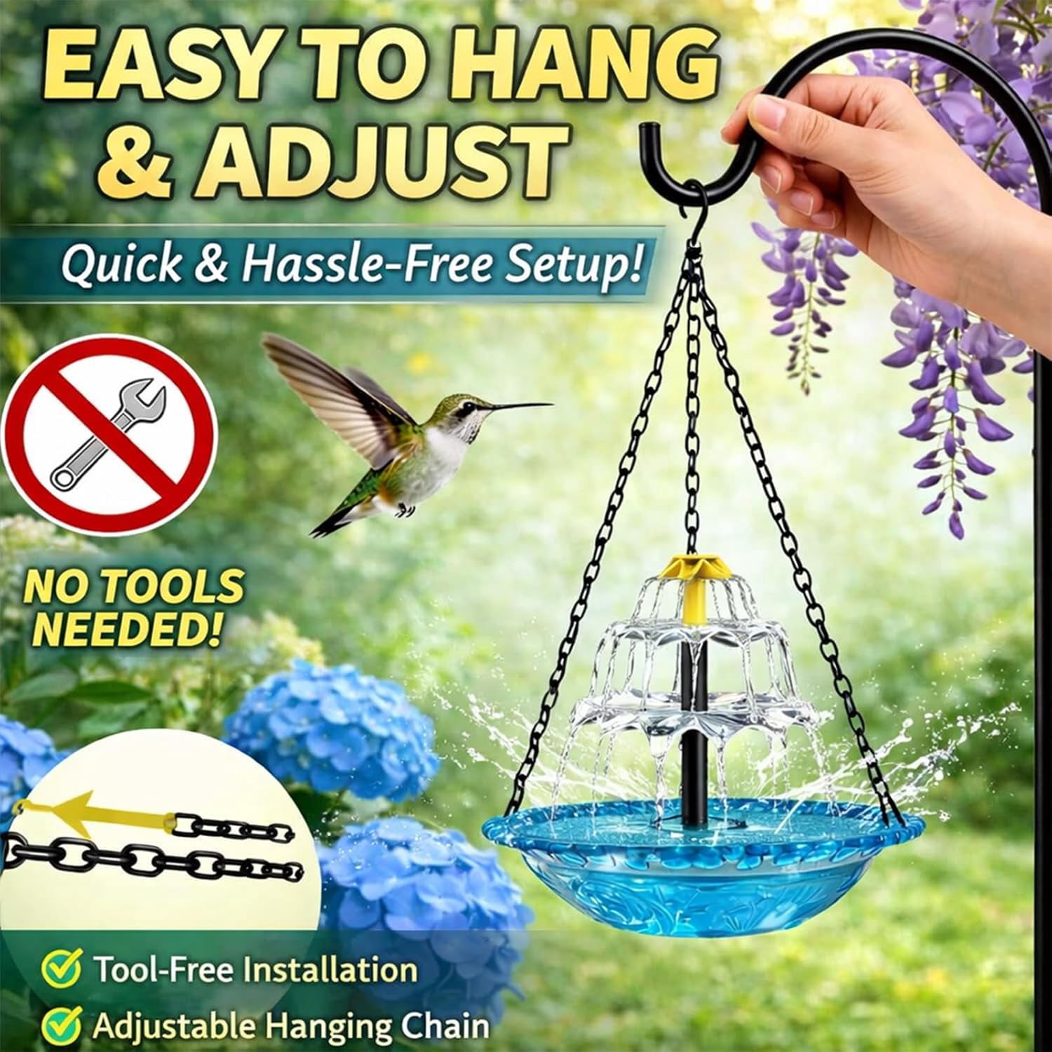 2026 New Solar Cascade Hanging Bird Bath Fountain, Outdoor Hanging Bird Bath with Solar Fountain, Large Humming Birds Baths Fountains, with Solars Pump & Acrylic Bowl, for Outdoor, Gardens