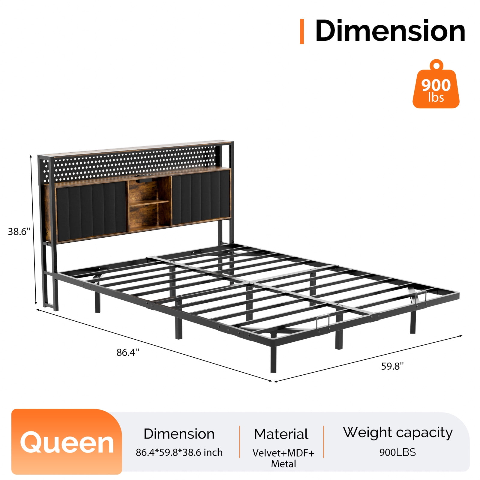 UBesGoo Floating Bed Frame Queen Size with Storage Headboard, Metal Platform Bed with LED and Charging Station for Bedroom, Black