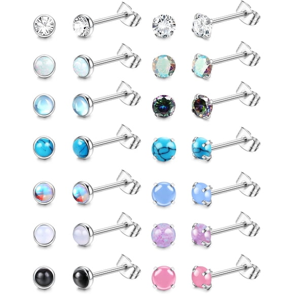 SURJDE 14 Pairs Hypoallergenic Surgical Steel Stud Earrings for Women Men Tiny CZ Opal Moonstone Turquoise Earrings Studs Set Piercing Jewelry