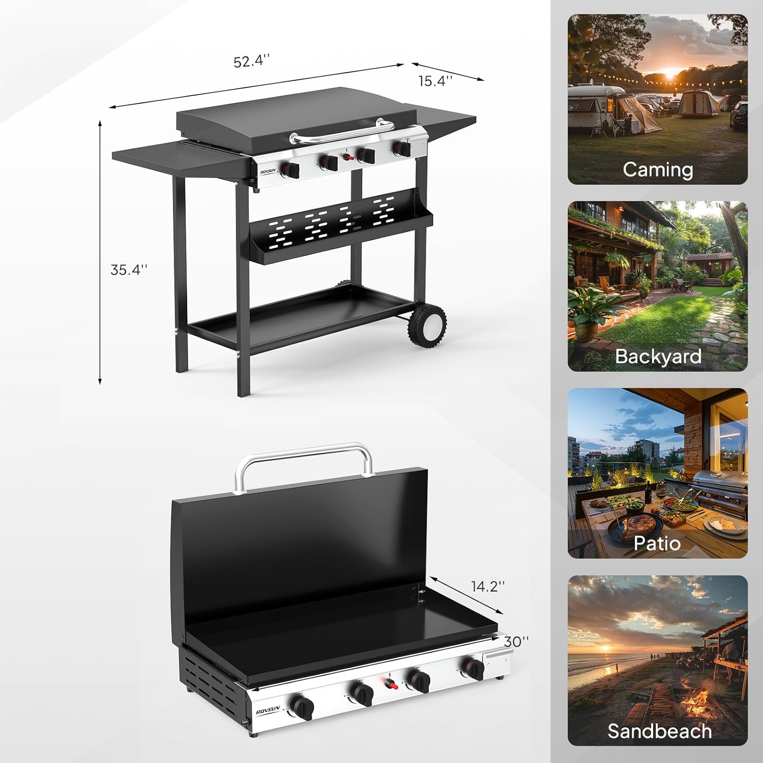 TUFFIOM 4 Burner Portable Propane Griddle with Enameled Tray & Lid, 40000 BTU Rolling Flat Top Gas Grill with Electronic Ignition & Regulator for Outdoor Cooking Camping BBQ Tailgating