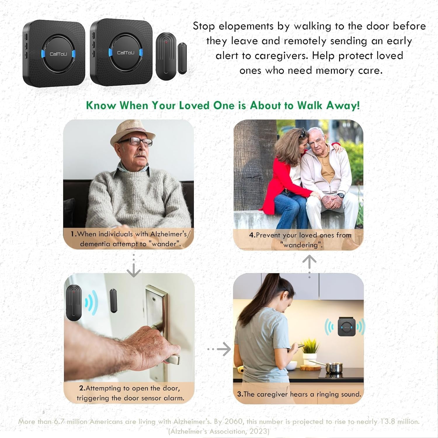 CallTou Wireless Door Sensor Alarm Wander Alert for Dementia Elderly Patient Alzheimer Door Open Chime Monitoring for Caregiver Home Care