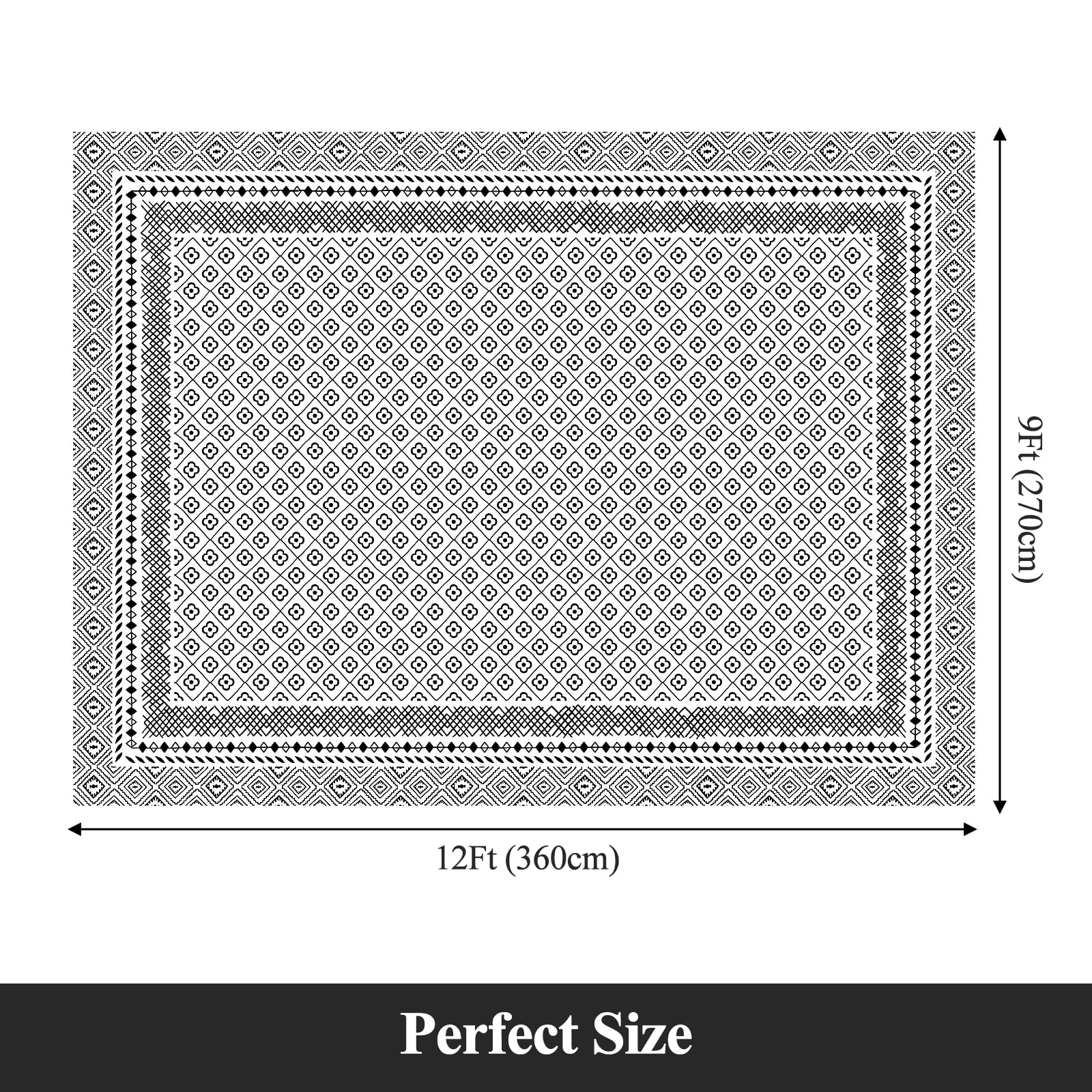 MeyJey 9'x12' Boho Floral Large Area Rug, Machine Washable Vintage Throw Rug, Non-Slip Stain Resistant Oriental Traditional Carpet for Living Room Bedroom Dining Room Office, White/Black