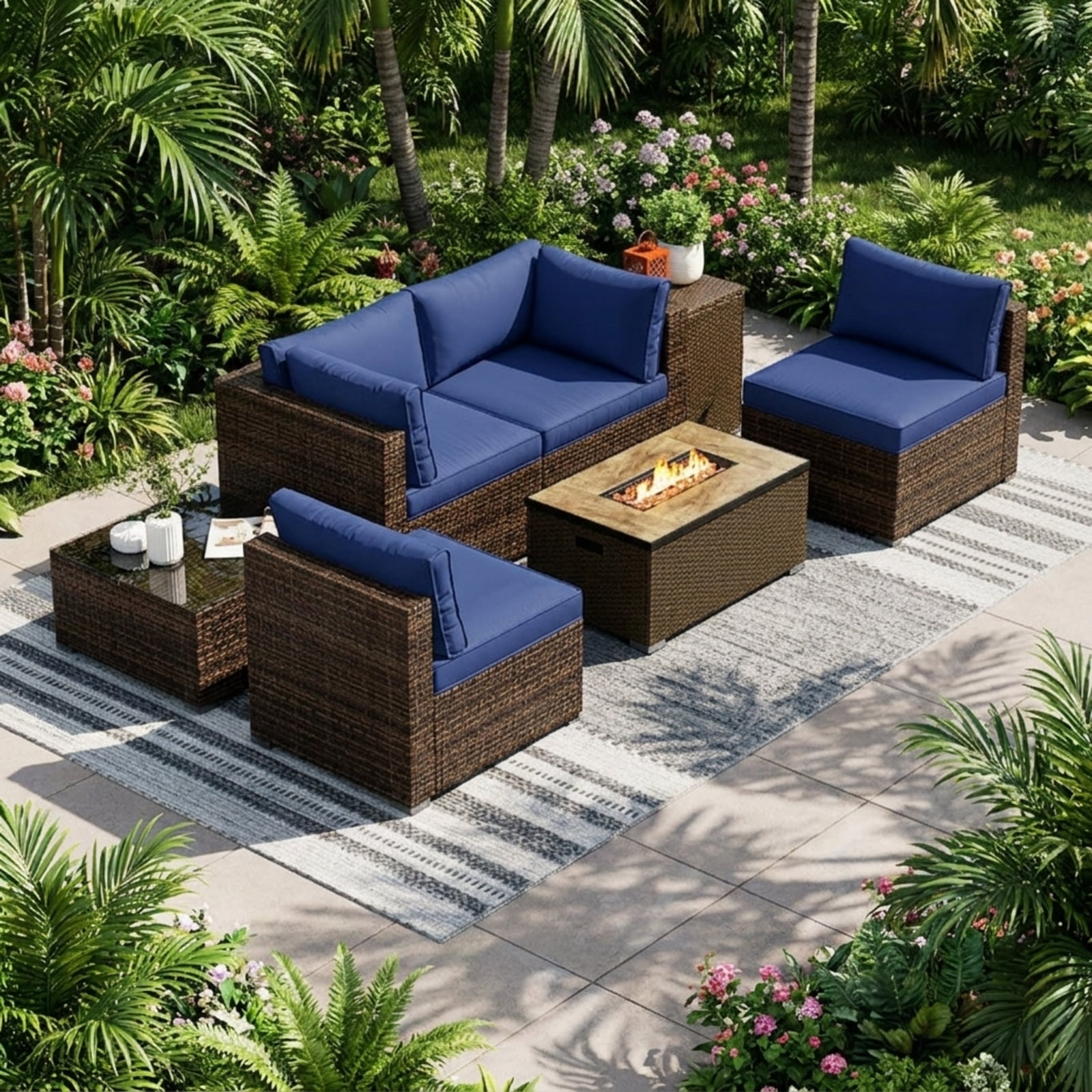 Biotree Patio Furniture Set 7 Piece Outdoor Sectional with 32 Inch Fire Pit Table and propane tank cover outdoor conversation set for garden backyard porch, Navy