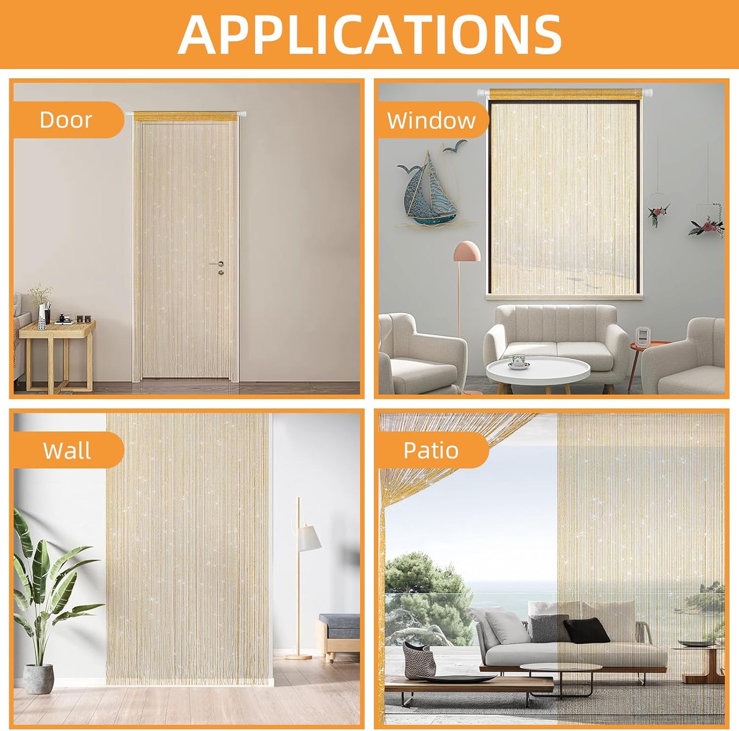 4 Pieces Glitter String Curtains Doorway Beads Curtains, 39 x 79 Inch Hanging Fringe Hippie Room Divider Door String Curtain Boho Doors Tassel for Doorways, Windows, Closet, Privacy Decor (Champagne)