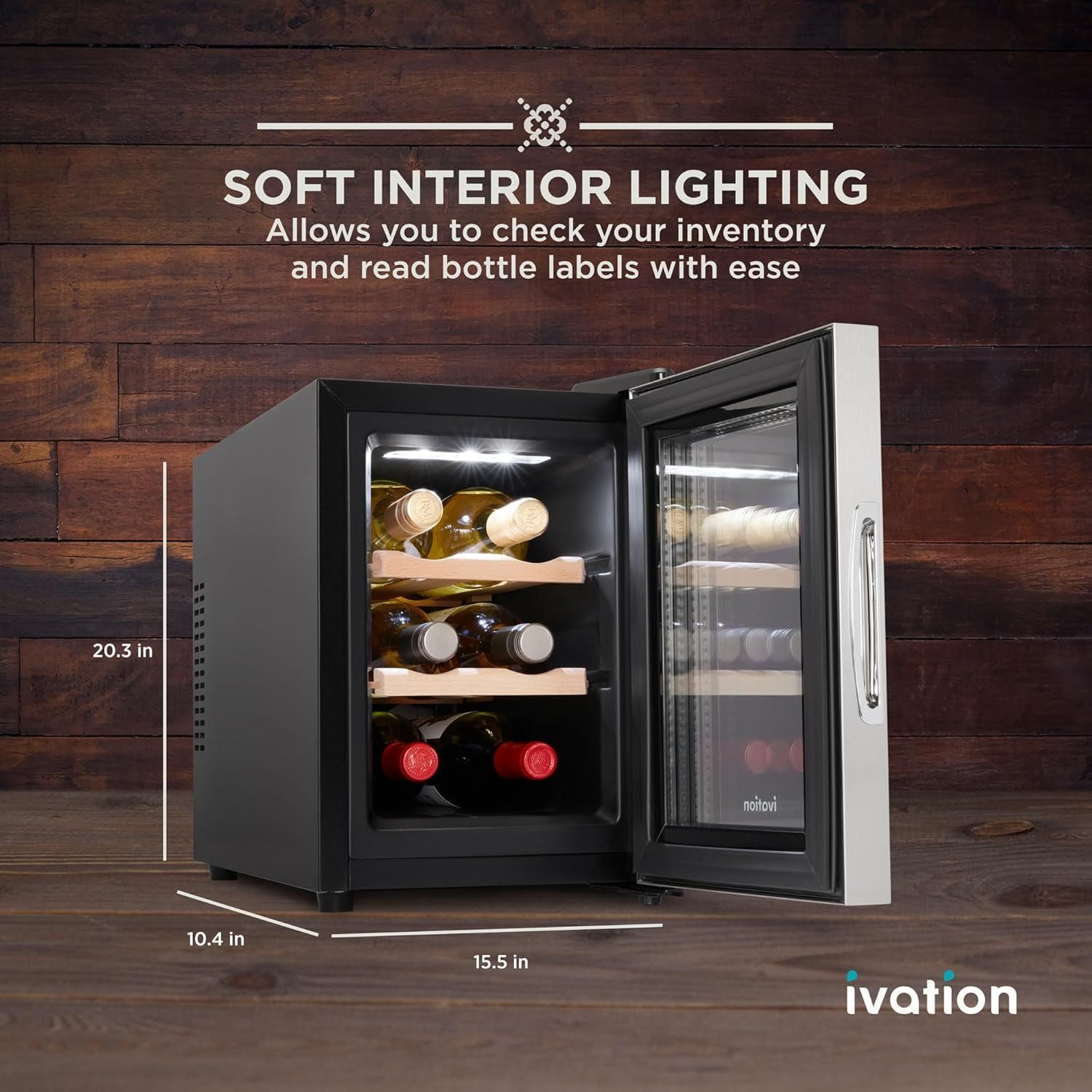Ivation 6 Bottle Horizontal Thermoelectric Wine Cooler, Super Quiet Freestanding Wine Fridge - Stainless Steel