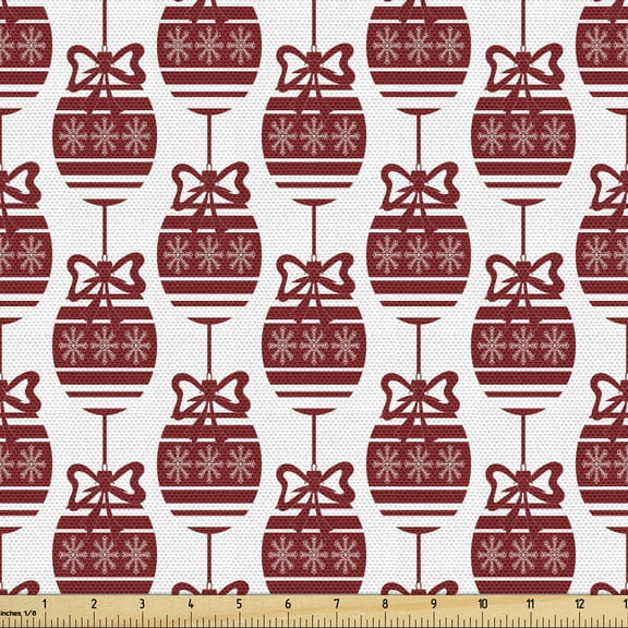 Geometric Fabric by the Yard, Christmas Ornaments in Vibrant Color Scheme Cheery Chipper Celebrations X-mas, Decorative Upholstery Fabric for Sofas and Home Accents, Ruby White by Ambesonne