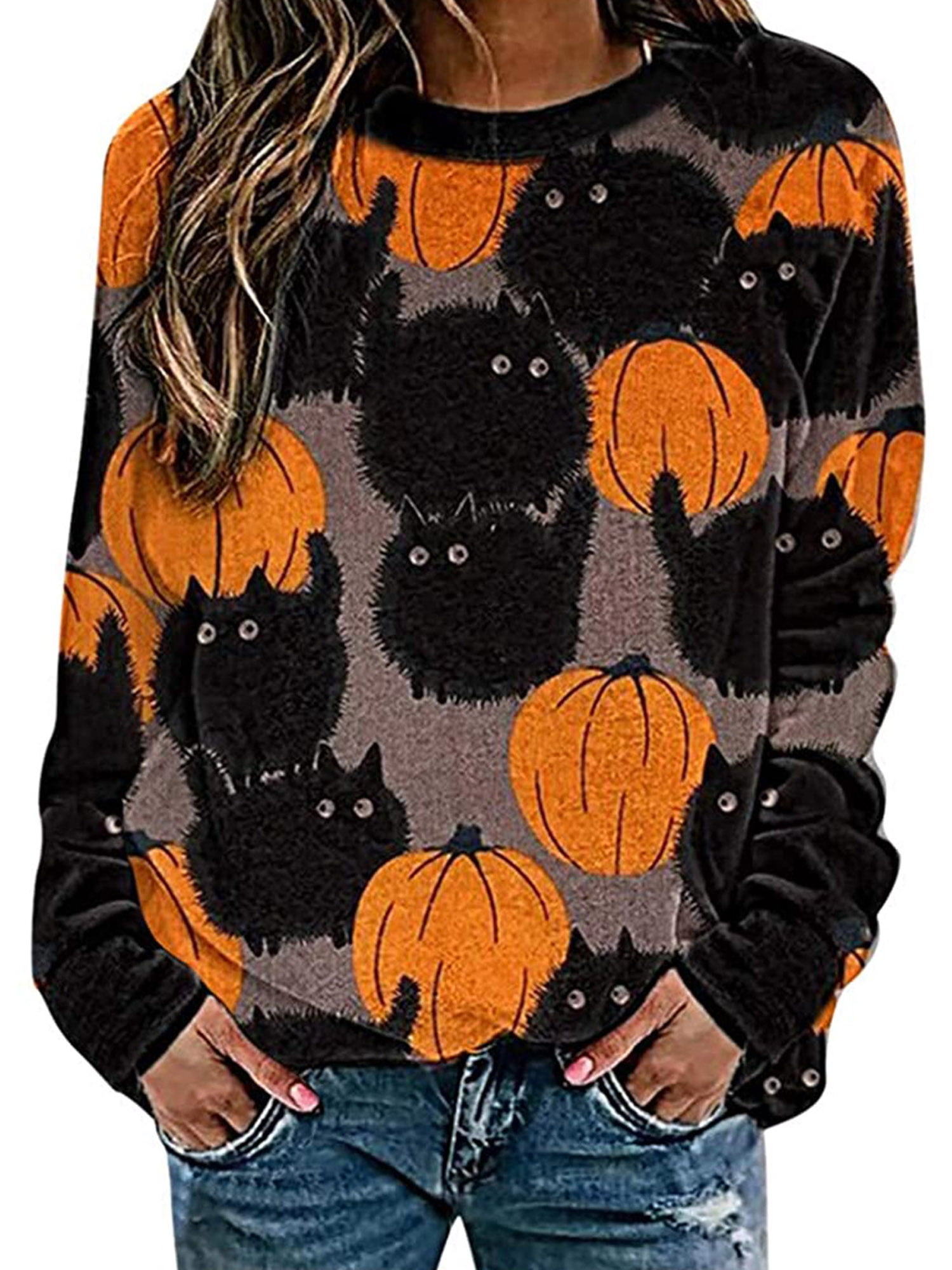 Women's Halloween Tops Casual Long Sleeve Tunic Crew Neck Print Sweatshirt Round Neck Pullover Plus Size Jumper Blouses Over Size Baseball Tee Shirts 