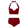 thumbnail image 6 of TOWED22 Women Two Piece Solid Color Swimsuit Retro Halter Ruched High Waist Bikini with Bottomï¼,Lï¼, 6 of 7