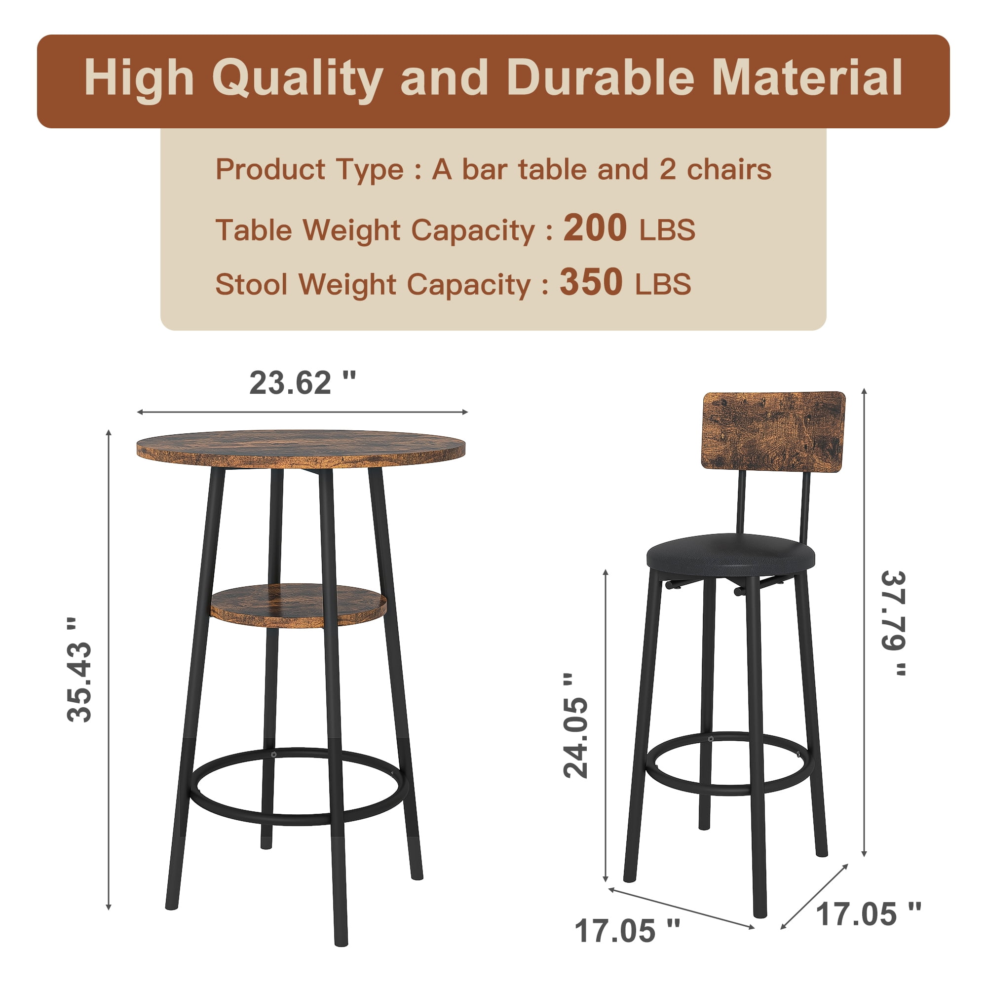 Resenkos 3-Piece Round Bistro Pub Dining Bar Table Set for 2 PU Upholstered Stools with Backrest, , Counter Height Table and Chairs Set for Kitchen Rustic Brown