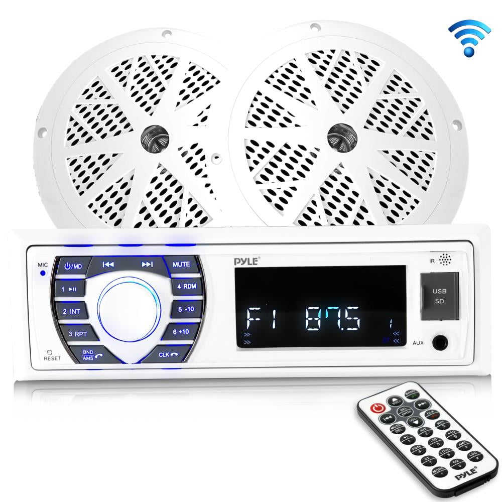 White Marine Bluetooth Radio 2x Pyle 5.25'' Marine Speakers 
