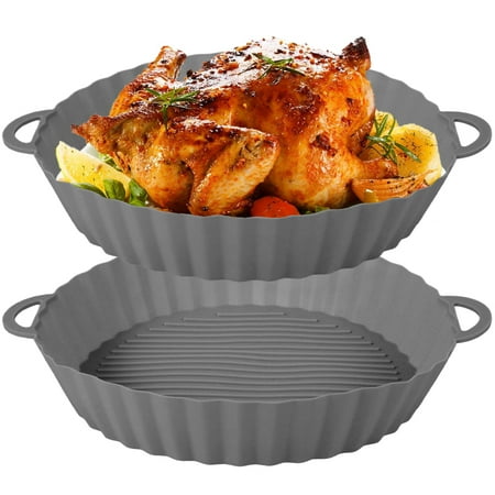 

2Pcs Air Fryer Silicone Pot Reusable Air Fryer Silicone Liner Heat Resistant Round Air Fryer Basket with Handle Silicone Baking Tr