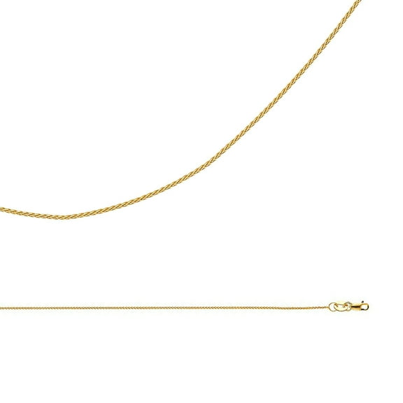 Solid 14k Yellow Gold Chain Wheat Necklace Round Braided Links Polished Genuine Thin, 0.9 mm - 16 inch