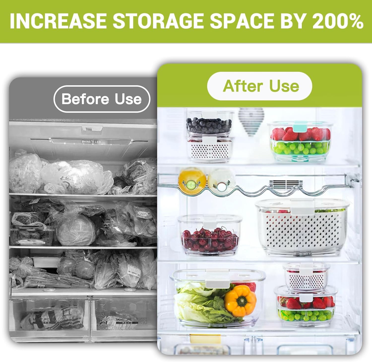 Fresh Produce Vegetable Fruit Storage Containers 3Piece Set, BPA-free, Partitioned Salad Container, Fridge Organizers, Used in Storing Fruits Vegetables, White