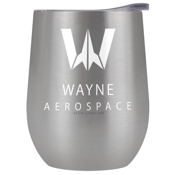 Justice League Movie Official Wayne Aerospace 12 OZ Stemless Wine Tumbler, Stainless Steel Travel Cup|Lake Tumbler|Insulated with Leak Resistant Slide-Lock Lid, Stainless Steel