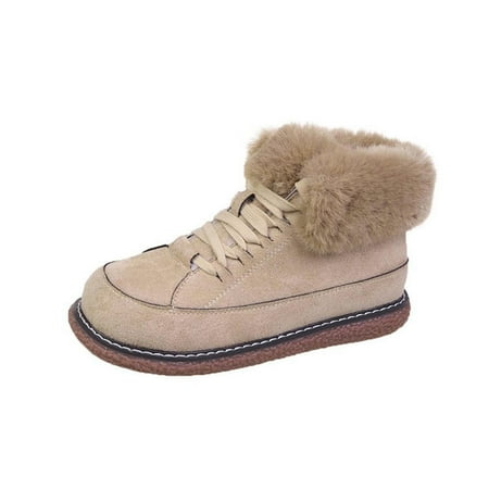 hopeusnice Women s Winter Snow Boots Fuzzy Fleece Lined Warm Ankle Booties Suede Platform Shoes Lace Up Flats Comfortable Waterproof Shoes Beige 37