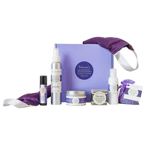 Victoria's Lavender Luxury Gift Basket for Women - Neck Wrap, Body Mist, Hand & Body Lotion, Lip Balm, Soy Candle, Mud Spa Bar & Lavender Sachet, Skin Care Sets & Kits,