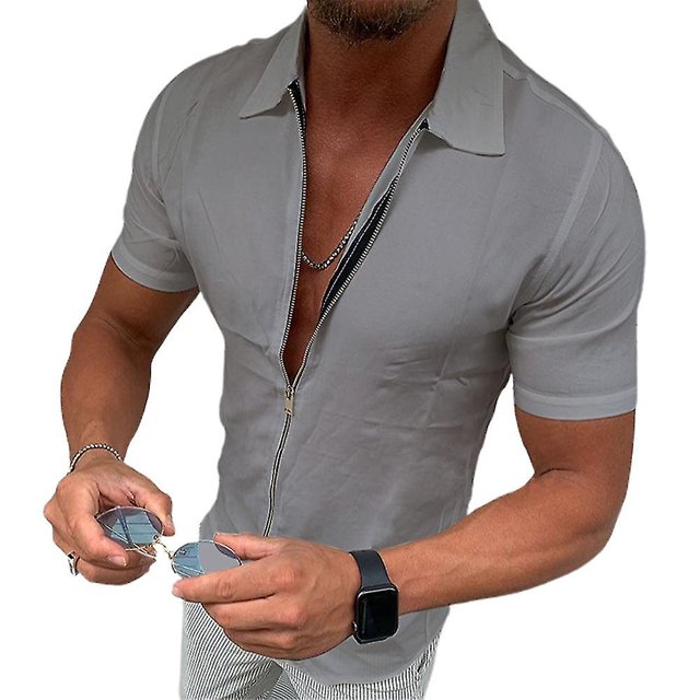 Camisas de hombre Camiseta de manga corta con cremallera Camiseta deportiva con músculos Tops_f