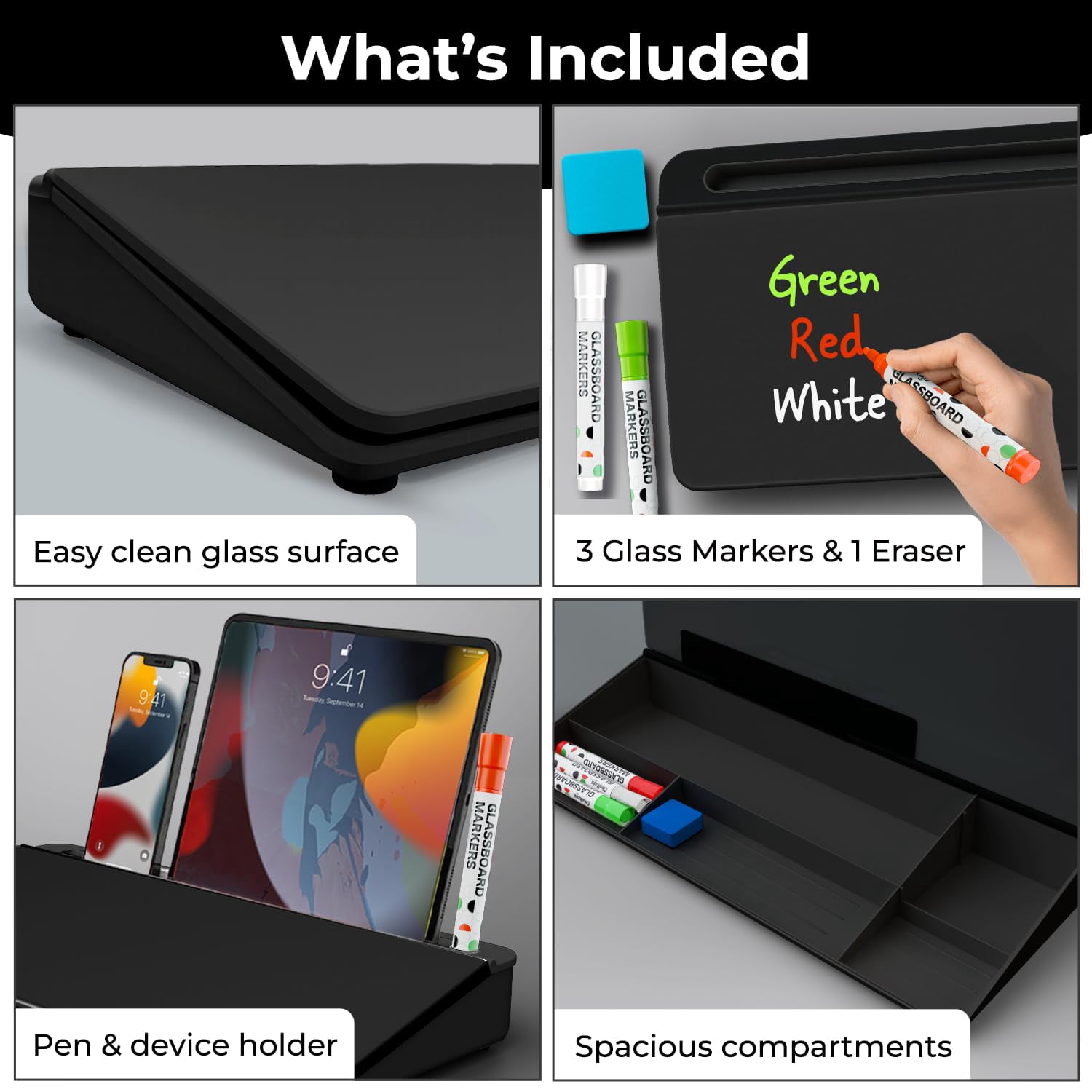 Black Glass Desktop Whiteboard With Storage - Dry Erase Board  Work Desk Organizers Computer Stand Home Office Accessories Workspace Buddy + 3 Markers