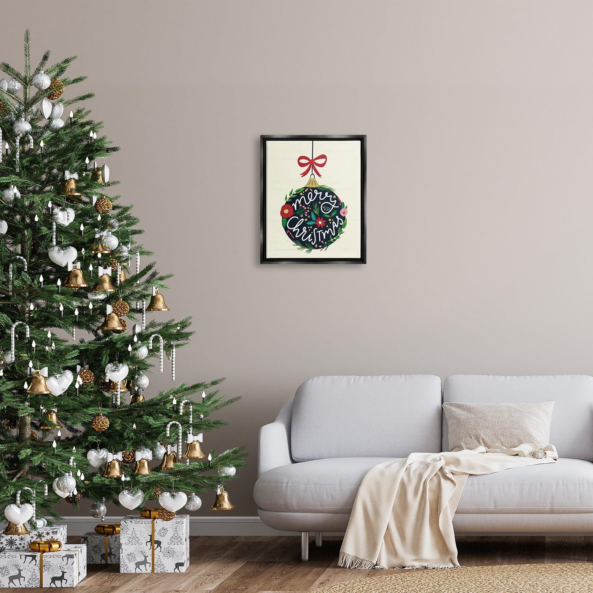 Stupell Industries Merry Christmas Hanging Botanical Ornament Red Bow Graphic Art Luster Gray Floating Framed Canvas Print Wall Art, Design by Louise Allen