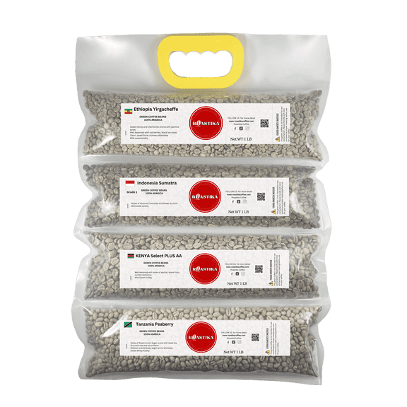 Roastika - Unroasted Green Coffee Bean - 4lb (pack of 4) - Sampler Pack - Bundle 3 - (ETHIOPIA YIRGACHEFFE/TANZANIA PEABERRY KILIMANJARO/ NICARAGUA / COLOMBIA SUPREMO)