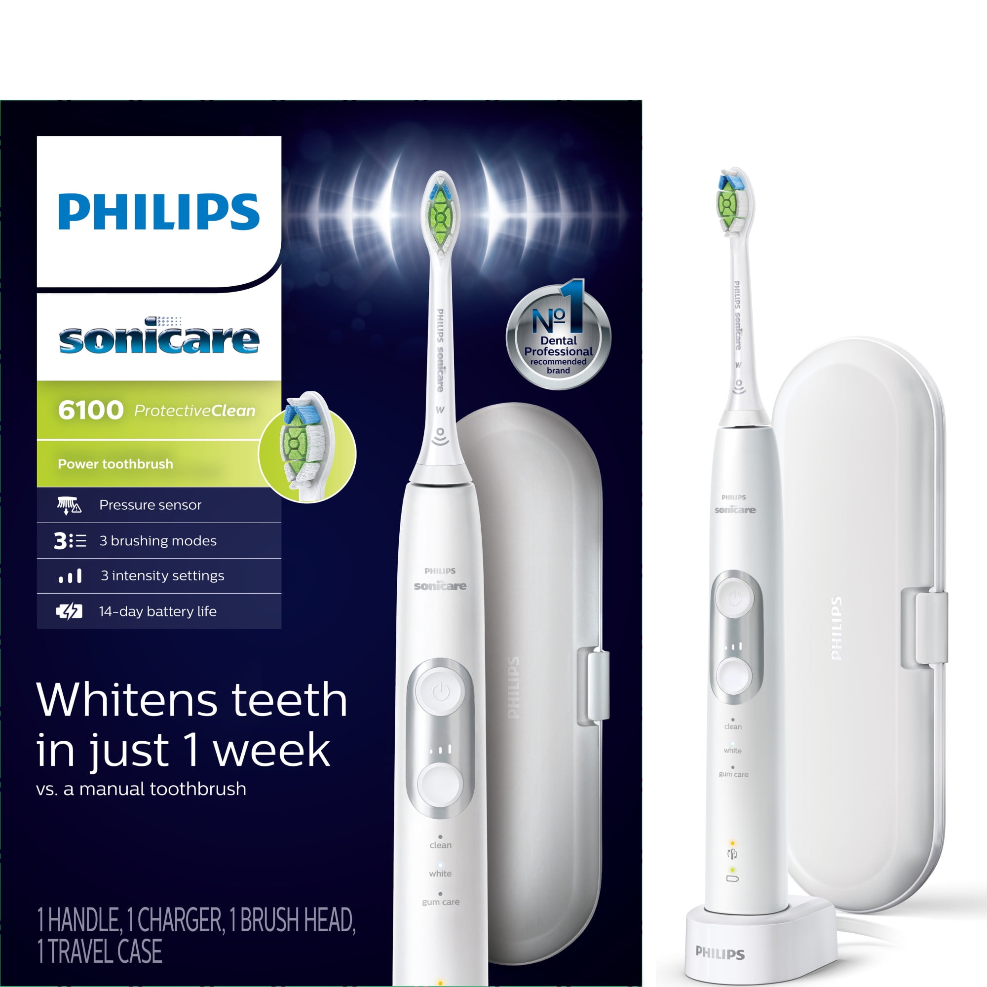 Philips Sonicare ProtectiveClean 6100 Whitening Rechargeable Electric  Toothbrush with Pressure Sensor and Intensity Settings, White HX6877/21