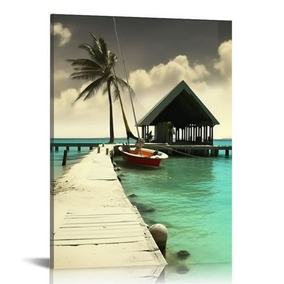 Acheng Ocean Canvas Wall Art Beach Coastal Seascape Painting Mint Green Picture Bathroom Tropical Turquoise Palm Tree Print Artwork for Bedroom Living Room Home Office Decor 12x16 in