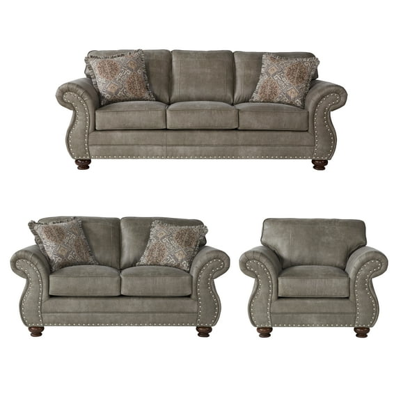 Roundhill Leinster Nailhead Sofa, Loveseat, and Chair 3-piece Set, Faux Leather, Stone Gray