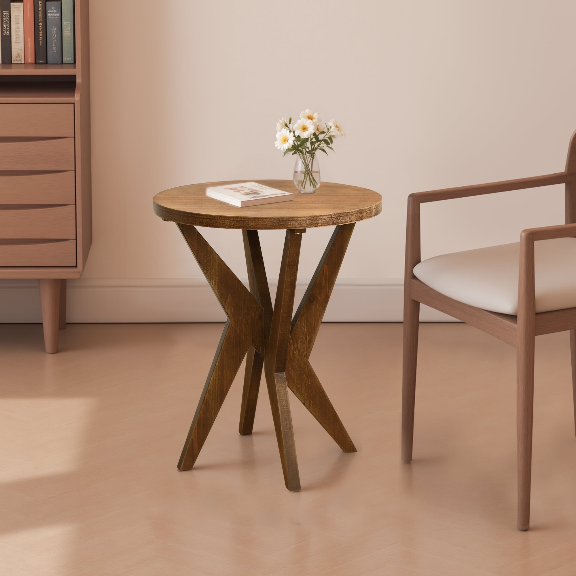 Set of 2 Round End Table 24'' High Side Table with Cross Legs, Mid Century Modern Accent Bedside Table for Living Room, Balcony, Bedroom or Small Spaces, Raw Walnut