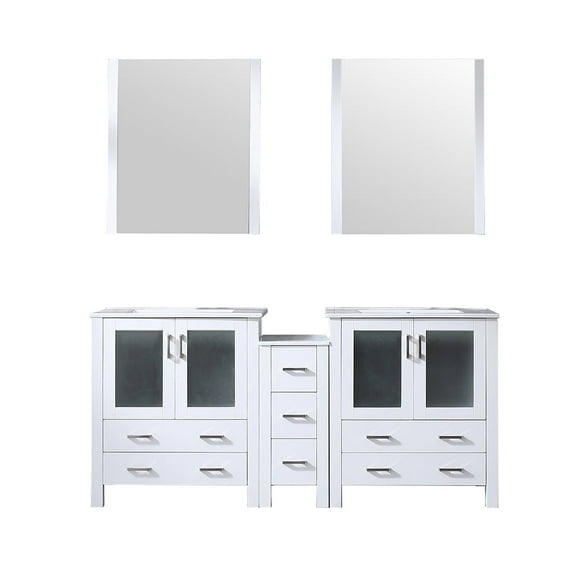 Harborfront 72 in W x 18.25 in D White Double Bath Vanity with Side Cabinet, White Ceramic Tops and 28 in Mirrors