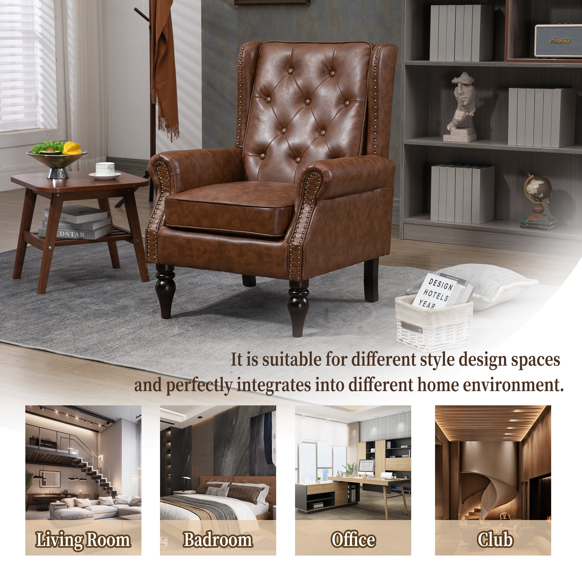 MOONMISS Mid Century Chair PU Leather Accent Armchair Tufted Button Back Rivet Trim Ergonomic Design Modern Living Room Bedroom Home Office Seating Furniture