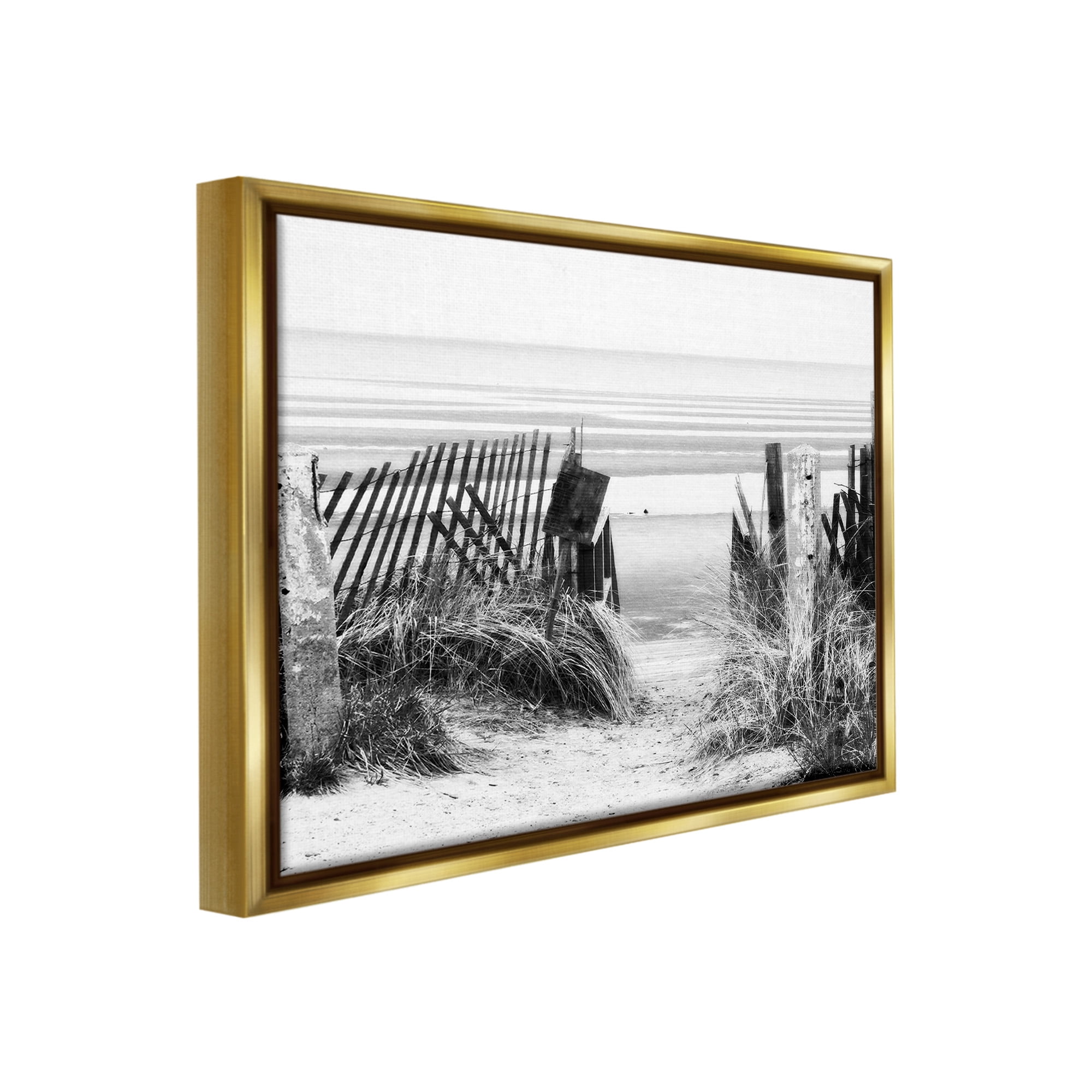 Stupell Industries Fenced Beach Path Landscape Photography Gold Floater Framed Canvas Art Print Wall Art, 31 x 25