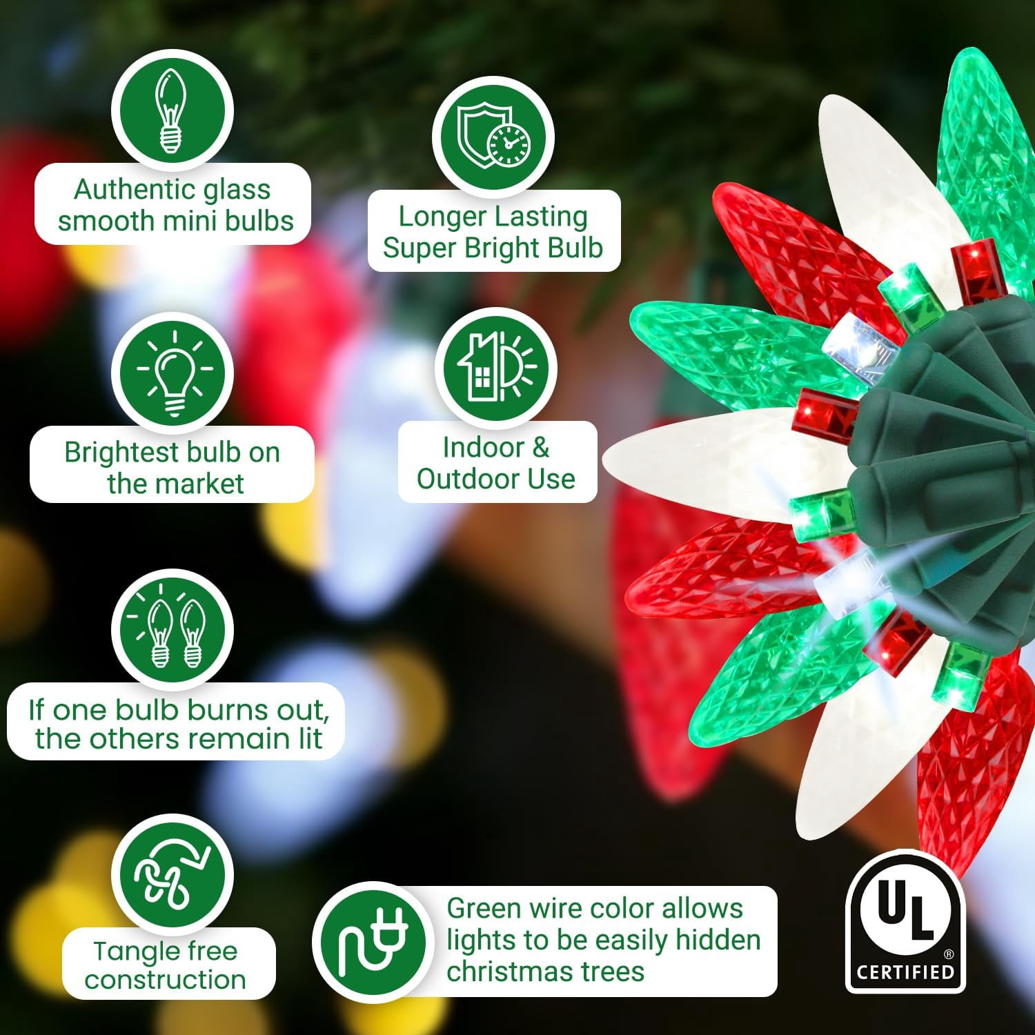 Christmas LED Duet C6/5mm Twinkling Lights  8 of 50 Lights Twinkle, Professional Grade Indoor Outdoor, 24.5 Feet Sparkling Light String, 50 Red, Green & White LED Bulbs - Christmas Tree Holiday Decor